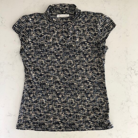 Melanie Lyne Cap Sleeve Faux Turtleneck Poly Abstract Print Top Navy Cream Sz L - Picture 1 of 9